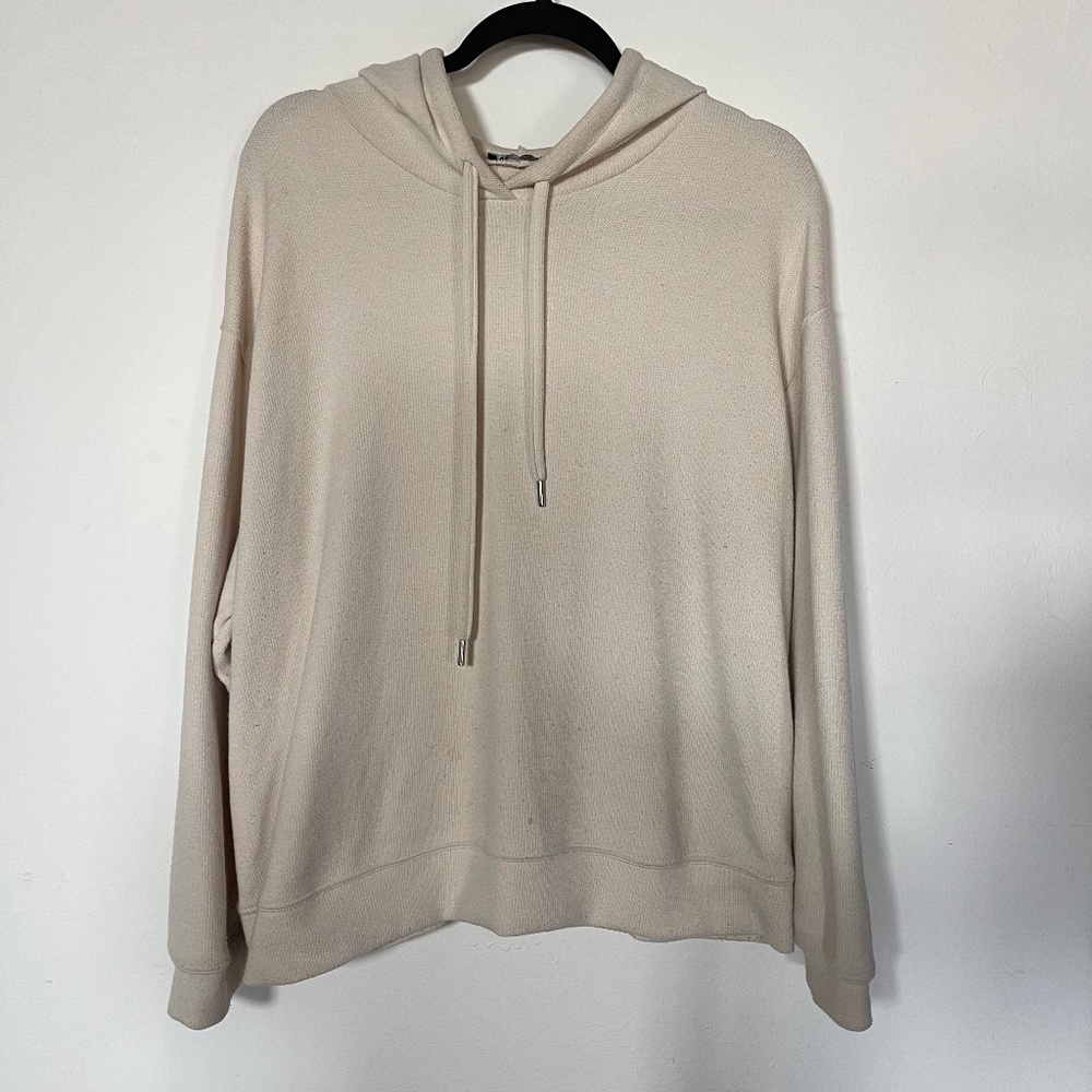 Zara Women's Off White Cream Viscose Soft Long Sleeve Drawstring Hoodie Large